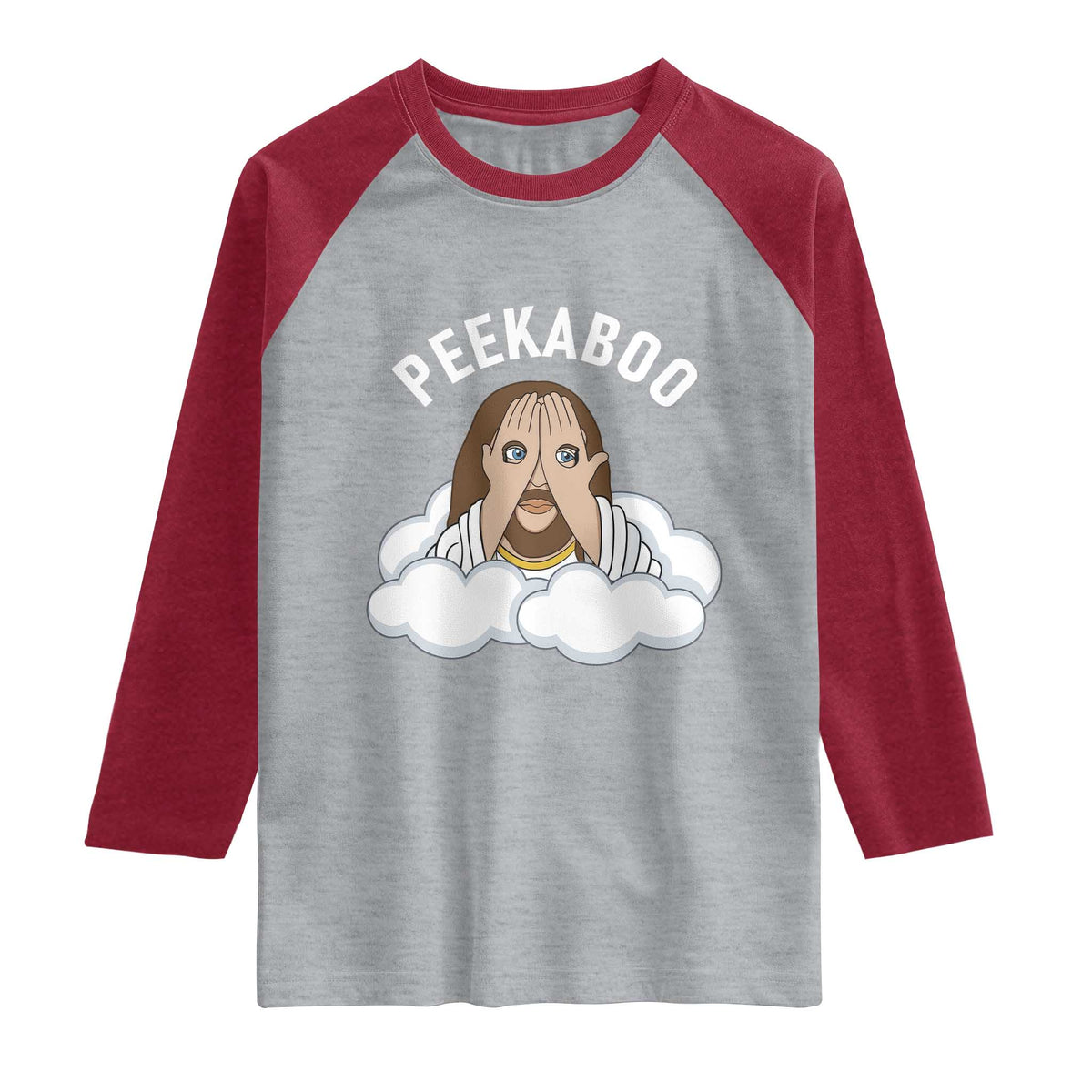 Peekaboo Jesus Funny Christian Raglan Shirt Faith Humor Savior in Clouds Religious Meme TS02 Heather Gray Heather Red Print Your Wear