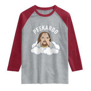 Peekaboo Jesus Funny Christian Raglan Shirt Faith Humor Savior in Clouds Religious Meme TS02 Heather Gray Heather Red Print Your Wear