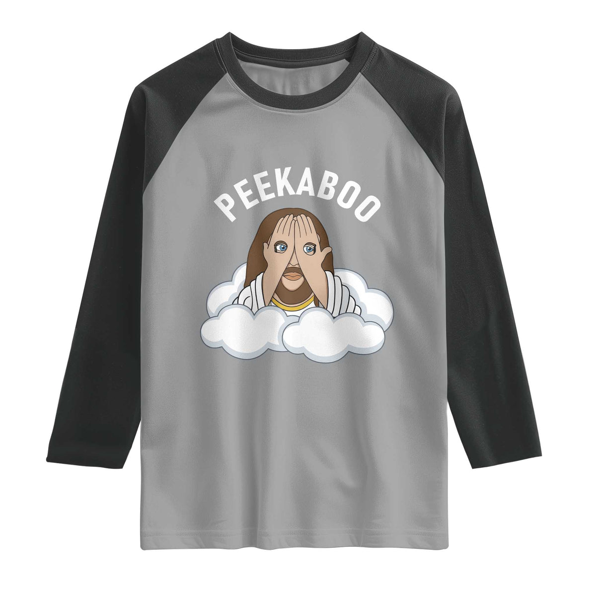 Peekaboo Jesus Funny Christian Raglan Shirt Faith Humor Savior in Clouds Religious Meme TS02 Sport Gray Black Print Your Wear