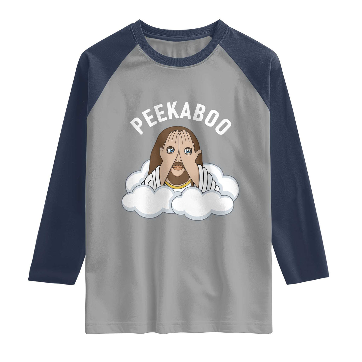 Peekaboo Jesus Funny Christian Raglan Shirt Faith Humor Savior in Clouds Religious Meme TS02 Sport Gray Navy Print Your Wear