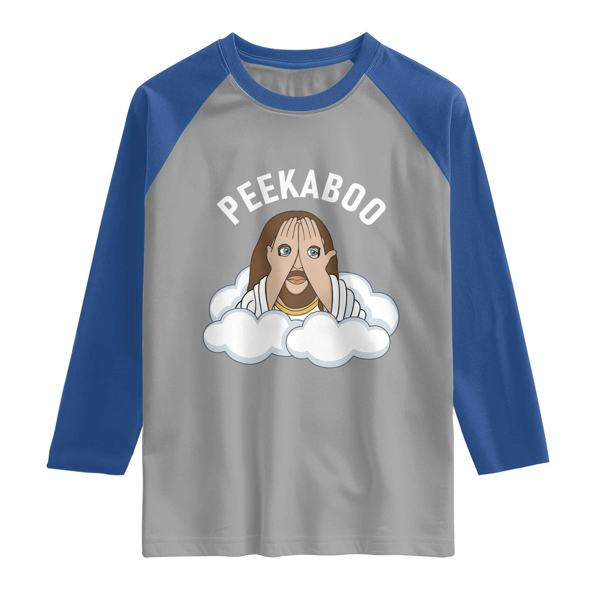 Peekaboo Jesus Funny Christian Raglan Shirt Faith Humor Savior in Clouds Religious Meme TS02 Sport Gray Royal Print Your Wear