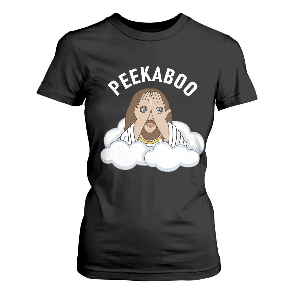 Peekaboo Jesus Funny Christian T Shirt For Women Faith Humor Savior in Clouds Religious Meme TS02 Black Print Your Wear