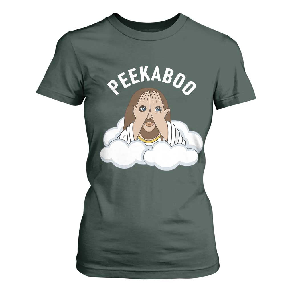 Peekaboo Jesus Funny Christian T Shirt For Women Faith Humor Savior in Clouds Religious Meme TS02 Dark Forest Green Print Your Wear