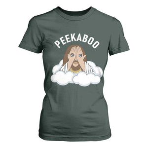 Peekaboo Jesus Funny Christian T Shirt For Women Faith Humor Savior in Clouds Religious Meme TS02 Dark Forest Green Print Your Wear