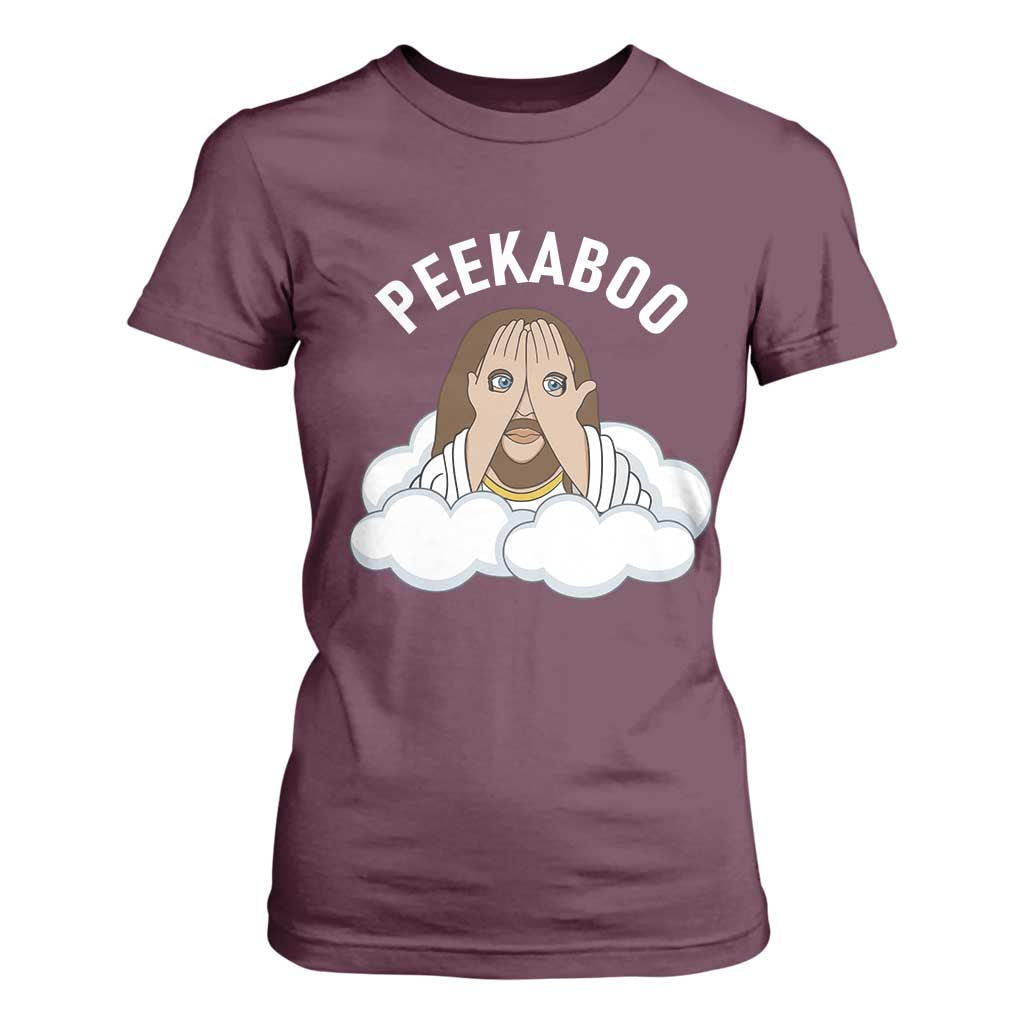 Peekaboo Jesus Funny Christian T Shirt For Women Faith Humor Savior in Clouds Religious Meme TS02 Maroon Print Your Wear