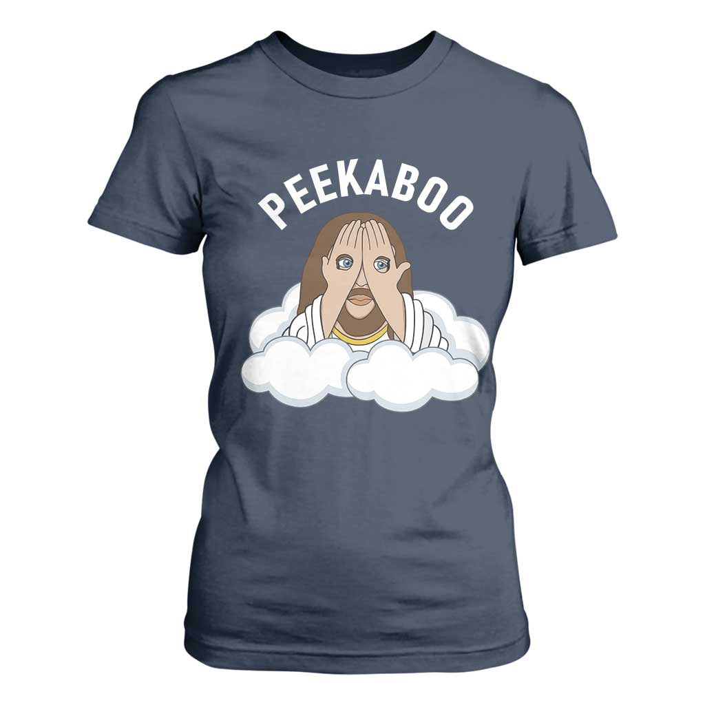 Peekaboo Jesus Funny Christian T Shirt For Women Faith Humor Savior in Clouds Religious Meme TS02 Navy Print Your Wear