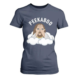 Peekaboo Jesus Funny Christian T Shirt For Women Faith Humor Savior in Clouds Religious Meme TS02 Navy Print Your Wear
