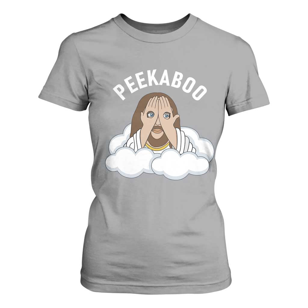 Peekaboo Jesus Funny Christian T Shirt For Women Faith Humor Savior in Clouds Religious Meme TS02 Sport Gray Print Your Wear