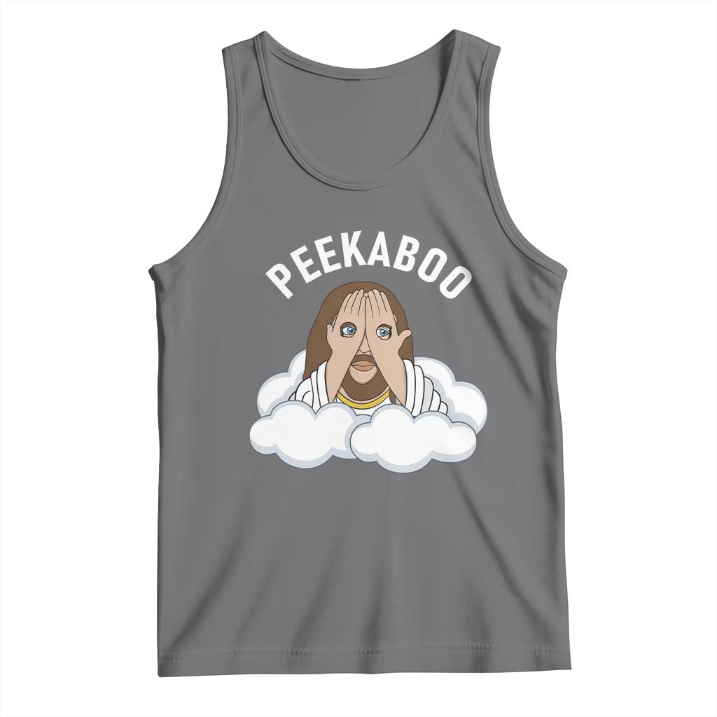 Peekaboo Jesus Funny Christian Tank Top Faith Humor Savior in Clouds Religious Meme TS02 Black Heather Print Your Wear