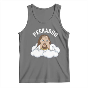 Peekaboo Jesus Funny Christian Tank Top Faith Humor Savior in Clouds Religious Meme TS02 Black Heather Print Your Wear