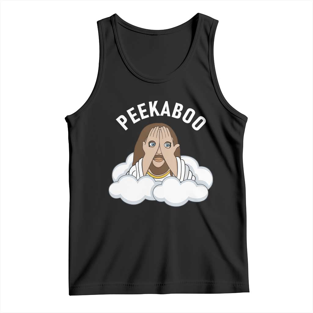 Peekaboo Jesus Funny Christian Tank Top Faith Humor Savior in Clouds Religious Meme TS02 Black Print Your Wear