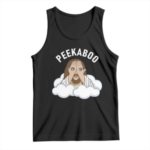 Peekaboo Jesus Funny Christian Tank Top Faith Humor Savior in Clouds Religious Meme TS02 Black Print Your Wear