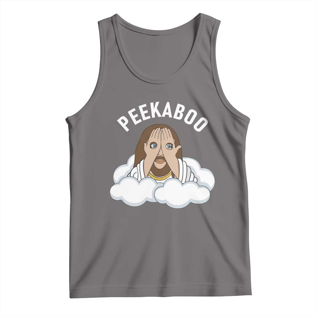Peekaboo Jesus Funny Christian Tank Top Faith Humor Savior in Clouds Religious Meme TS02 Deep Heather Print Your Wear