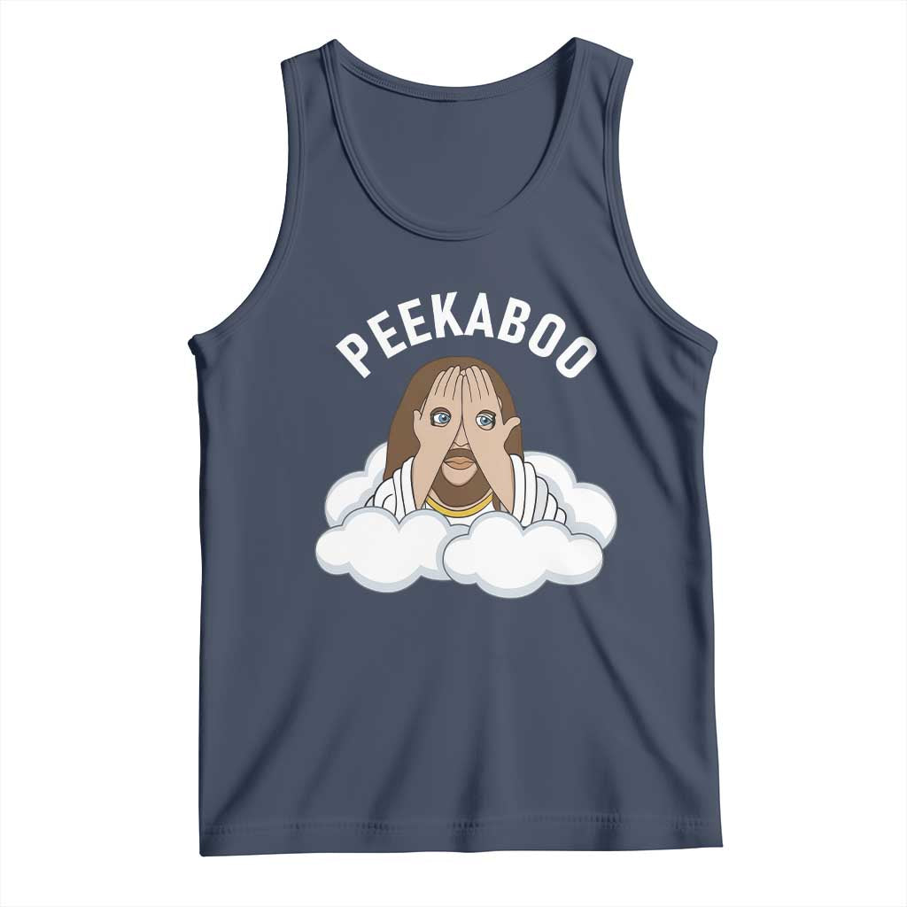 Peekaboo Jesus Funny Christian Tank Top Faith Humor Savior in Clouds Religious Meme TS02 Navy Print Your Wear