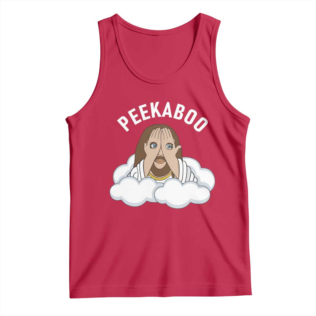 Peekaboo Jesus Funny Christian Tank Top Faith Humor Savior in Clouds Religious Meme TS02 Red Print Your Wear
