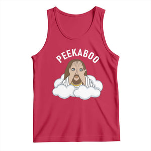 Peekaboo Jesus Funny Christian Tank Top Faith Humor Savior in Clouds Religious Meme TS02 Red Print Your Wear