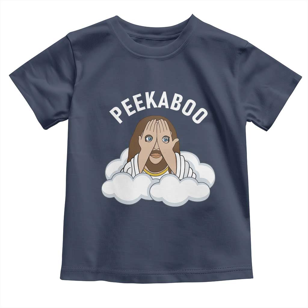 Peekaboo Jesus Funny Christian Toddler T Shirt Faith Humor Savior in Clouds Religious Meme TS02 Navy Print Your Wear