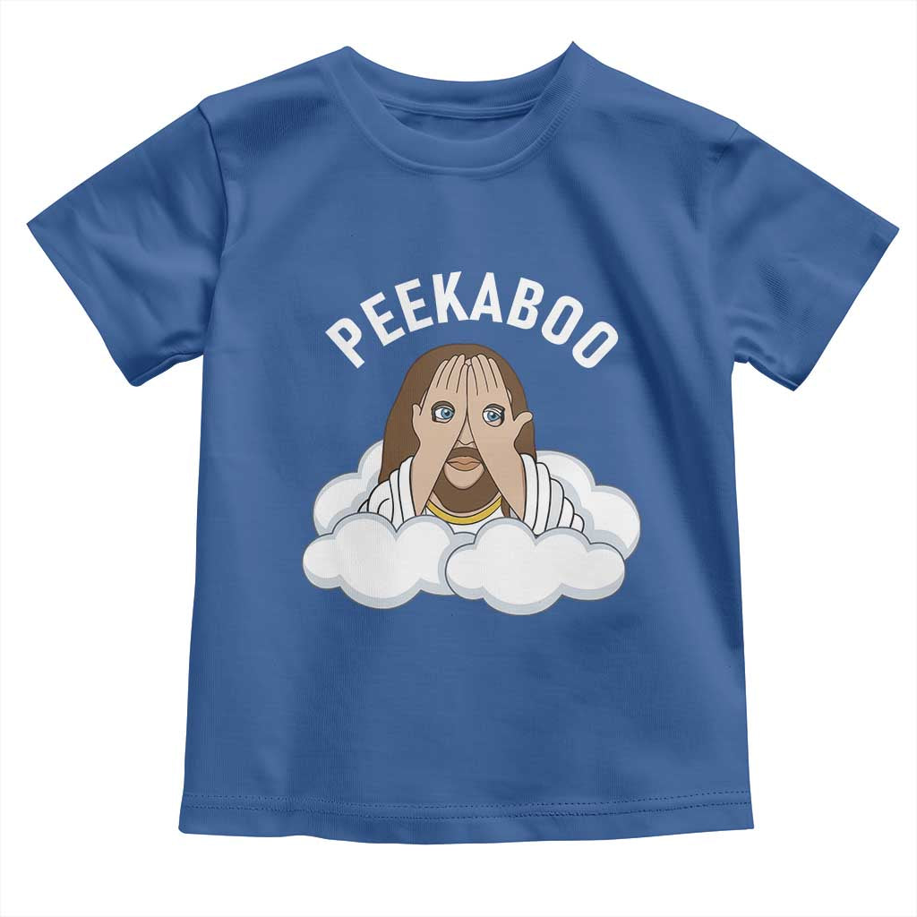 Peekaboo Jesus Funny Christian Toddler T Shirt Faith Humor Savior in Clouds Religious Meme TS02 Royal Blue Print Your Wear