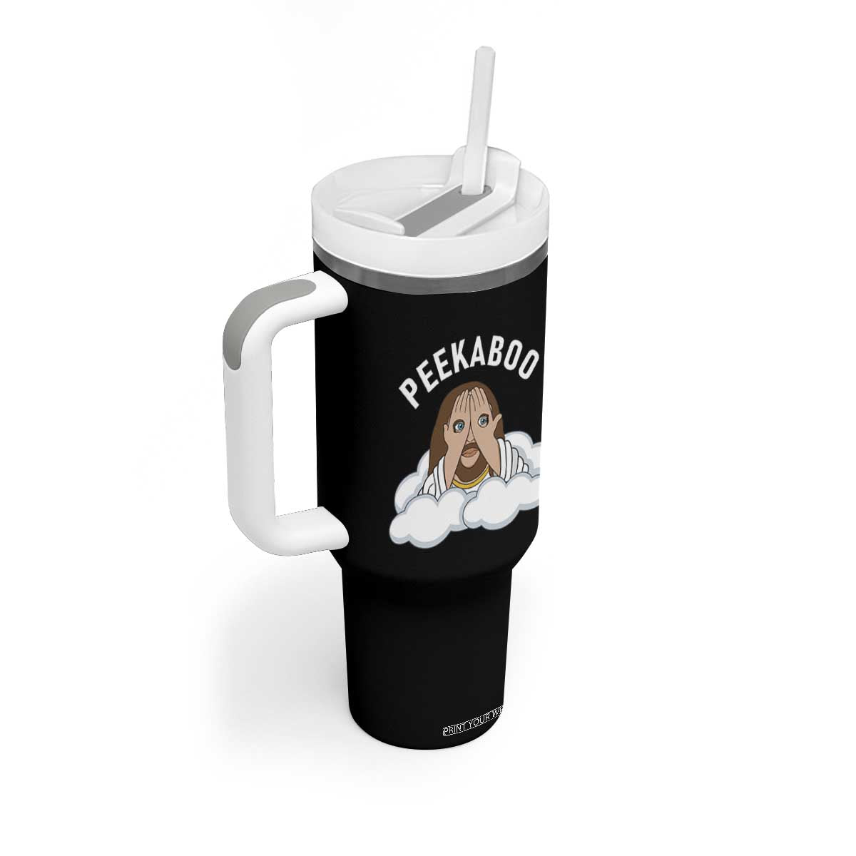 Peekaboo Jesus Funny Christian Tumbler With Handle Faith Humor Savior in Clouds Religious Meme TS02 Print Your Wear
