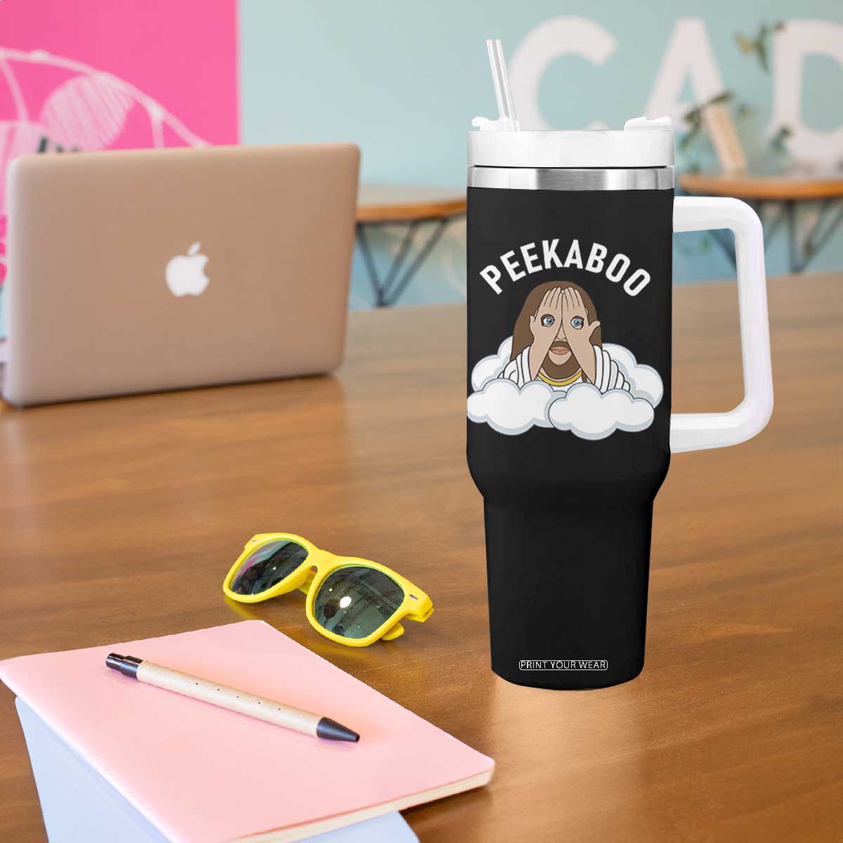 Peekaboo Jesus Funny Christian Tumbler With Handle Faith Humor Savior in Clouds Religious Meme TS02 Print Your Wear