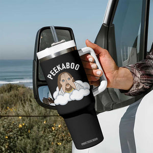 Peekaboo Jesus Funny Christian Tumbler With Handle Faith Humor Savior in Clouds Religious Meme TS02 Print Your Wear