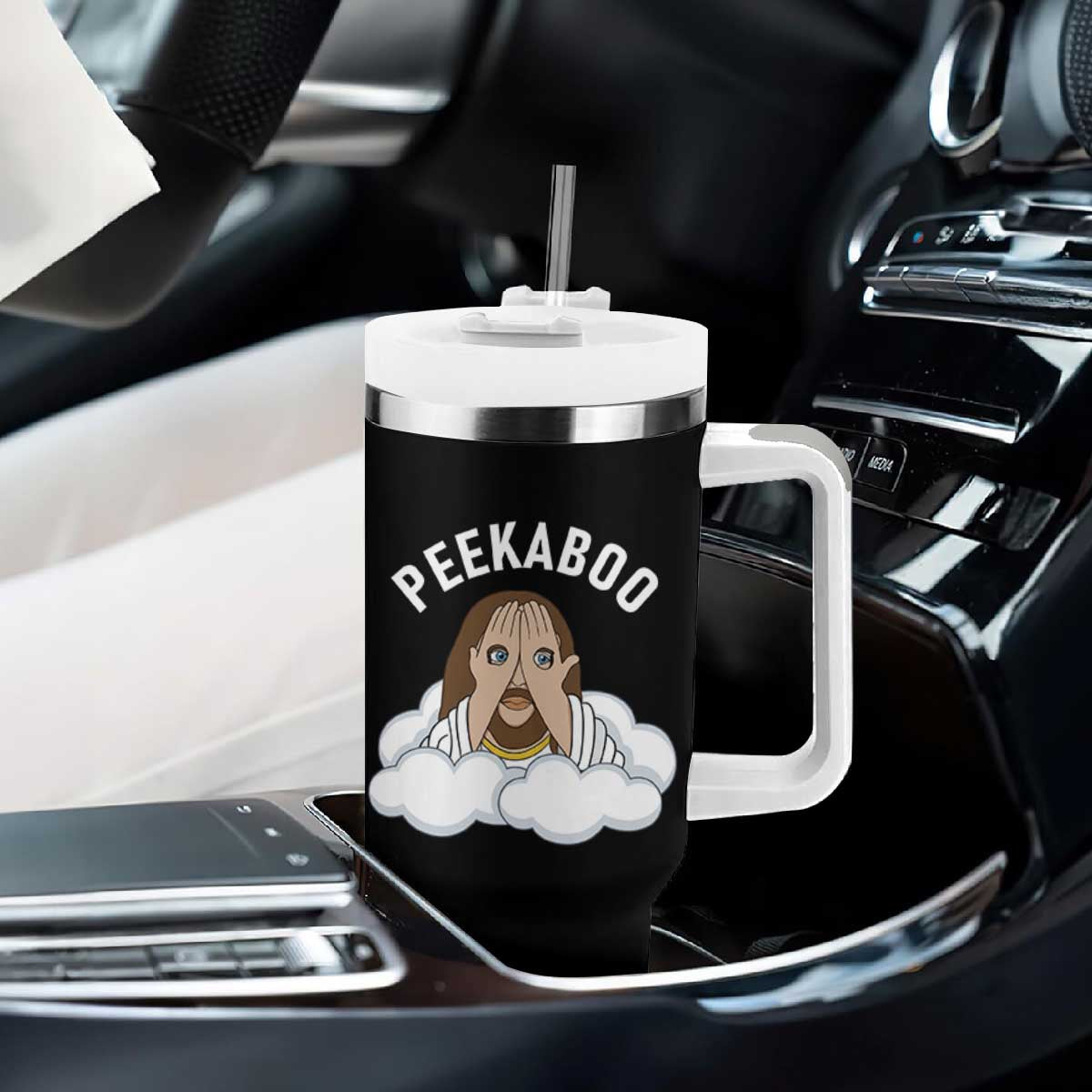 Peekaboo Jesus Funny Christian Tumbler With Handle Faith Humor Savior in Clouds Religious Meme TS02 Print Your Wear