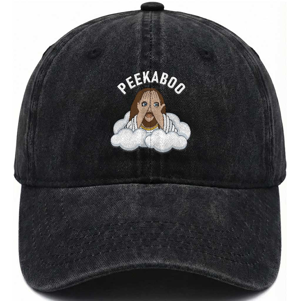 Peekaboo Jesus Funny Christian Washed Cotton Baseball Cap Faith Humor Savior in Clouds Religious Meme TS02 Print Your Wear