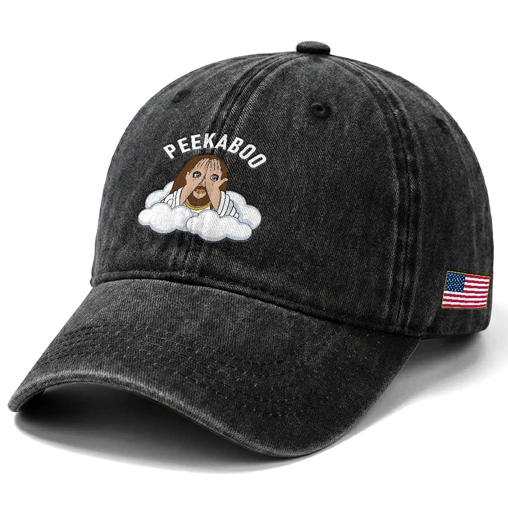 Peekaboo Jesus Funny Christian Washed Cotton Baseball Cap Faith Humor Savior in Clouds Religious Meme TS02 Print Your Wear