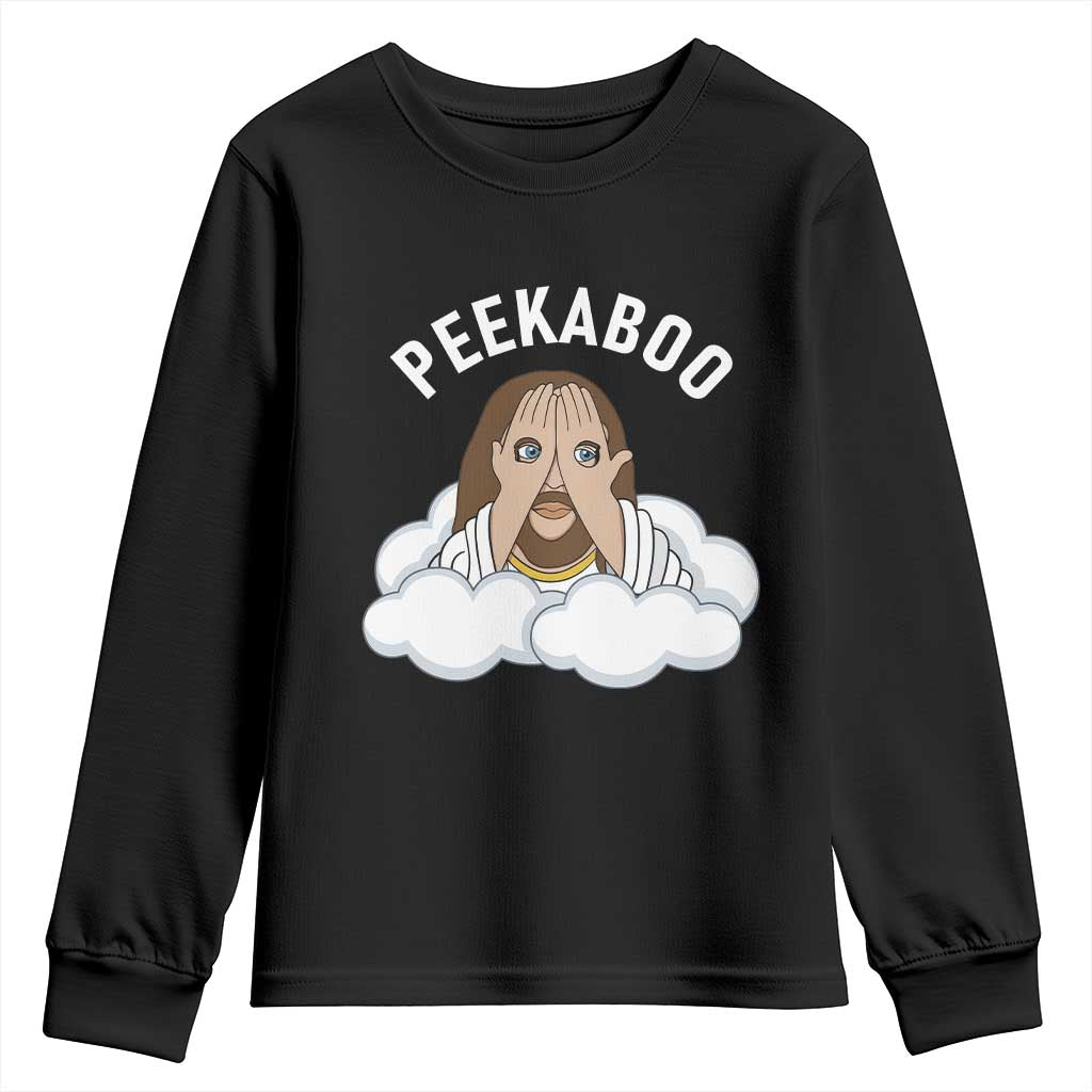 Peekaboo Jesus Funny Christian Youth Sweatshirt Faith Humor Savior in Clouds Religious Meme TS02 Black Print Your Wear