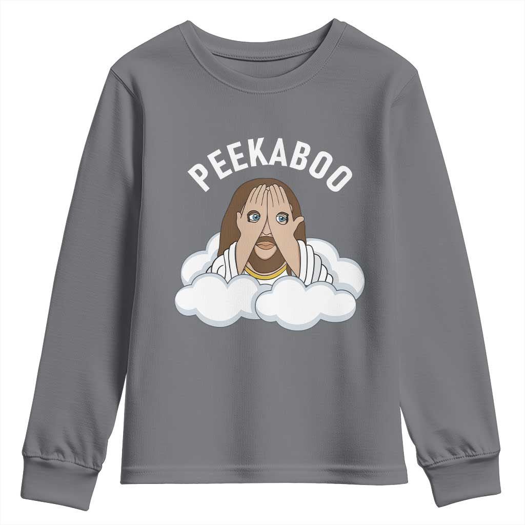 Peekaboo Jesus Funny Christian Youth Sweatshirt Faith Humor Savior in Clouds Religious Meme TS02 Charcoal Print Your Wear