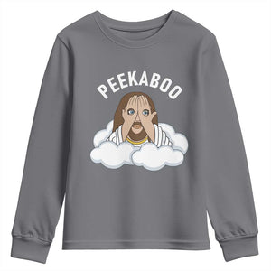 Peekaboo Jesus Funny Christian Youth Sweatshirt Faith Humor Savior in Clouds Religious Meme TS02 Charcoal Print Your Wear