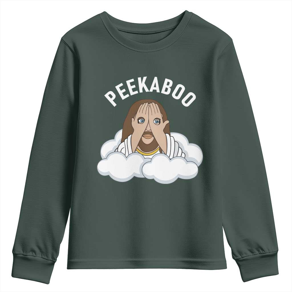 Peekaboo Jesus Funny Christian Youth Sweatshirt Faith Humor Savior in Clouds Religious Meme TS02 Dark Forest Green Print Your Wear