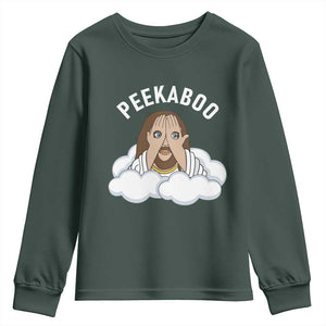 Peekaboo Jesus Funny Christian Youth Sweatshirt Faith Humor Savior in Clouds Religious Meme TS02 Dark Forest Green Print Your Wear