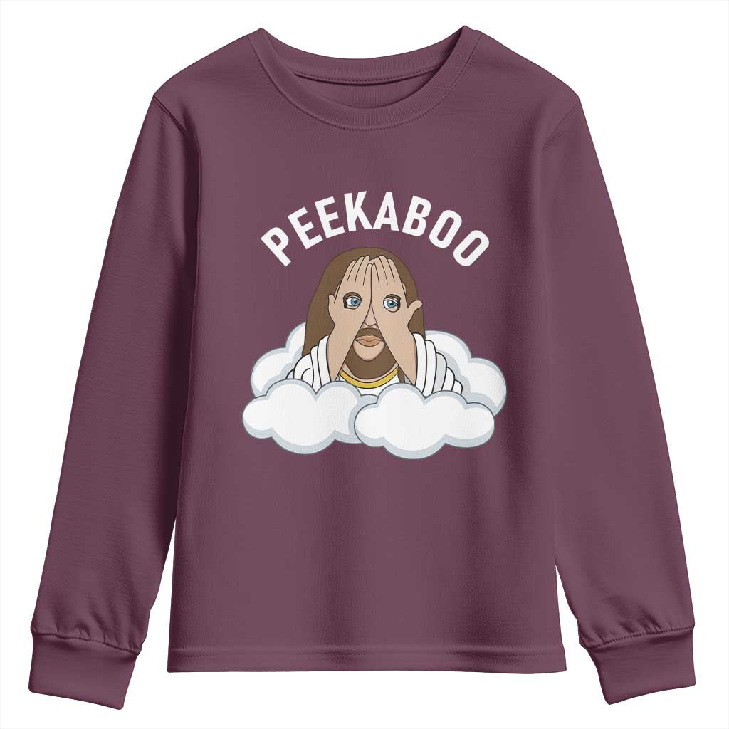 Peekaboo Jesus Funny Christian Youth Sweatshirt Faith Humor Savior in Clouds Religious Meme TS02 Maroon Print Your Wear