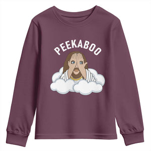 Peekaboo Jesus Funny Christian Youth Sweatshirt Faith Humor Savior in Clouds Religious Meme TS02 Maroon Print Your Wear
