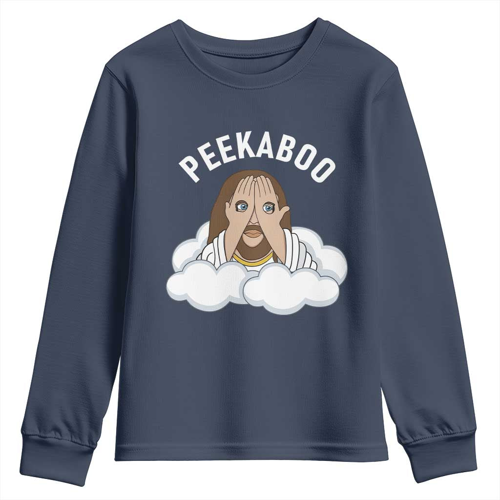 Peekaboo Jesus Funny Christian Youth Sweatshirt Faith Humor Savior in Clouds Religious Meme TS02 Navy Print Your Wear