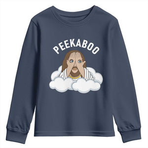 Peekaboo Jesus Funny Christian Youth Sweatshirt Faith Humor Savior in Clouds Religious Meme TS02 Navy Print Your Wear