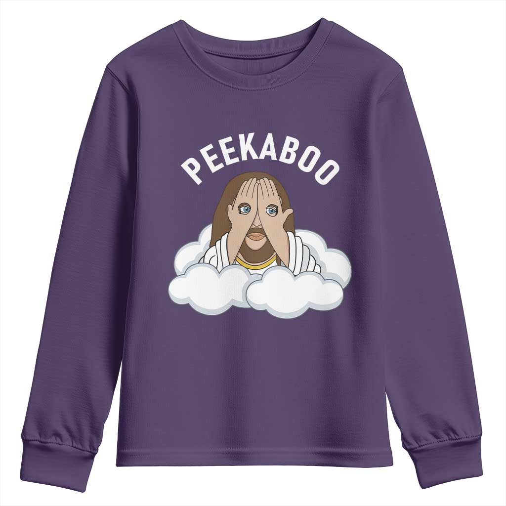 Peekaboo Jesus Funny Christian Youth Sweatshirt Faith Humor Savior in Clouds Religious Meme TS02 Purple Print Your Wear