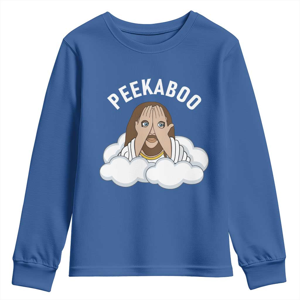 Peekaboo Jesus Funny Christian Youth Sweatshirt Faith Humor Savior in Clouds Religious Meme TS02 Royal Blue Print Your Wear