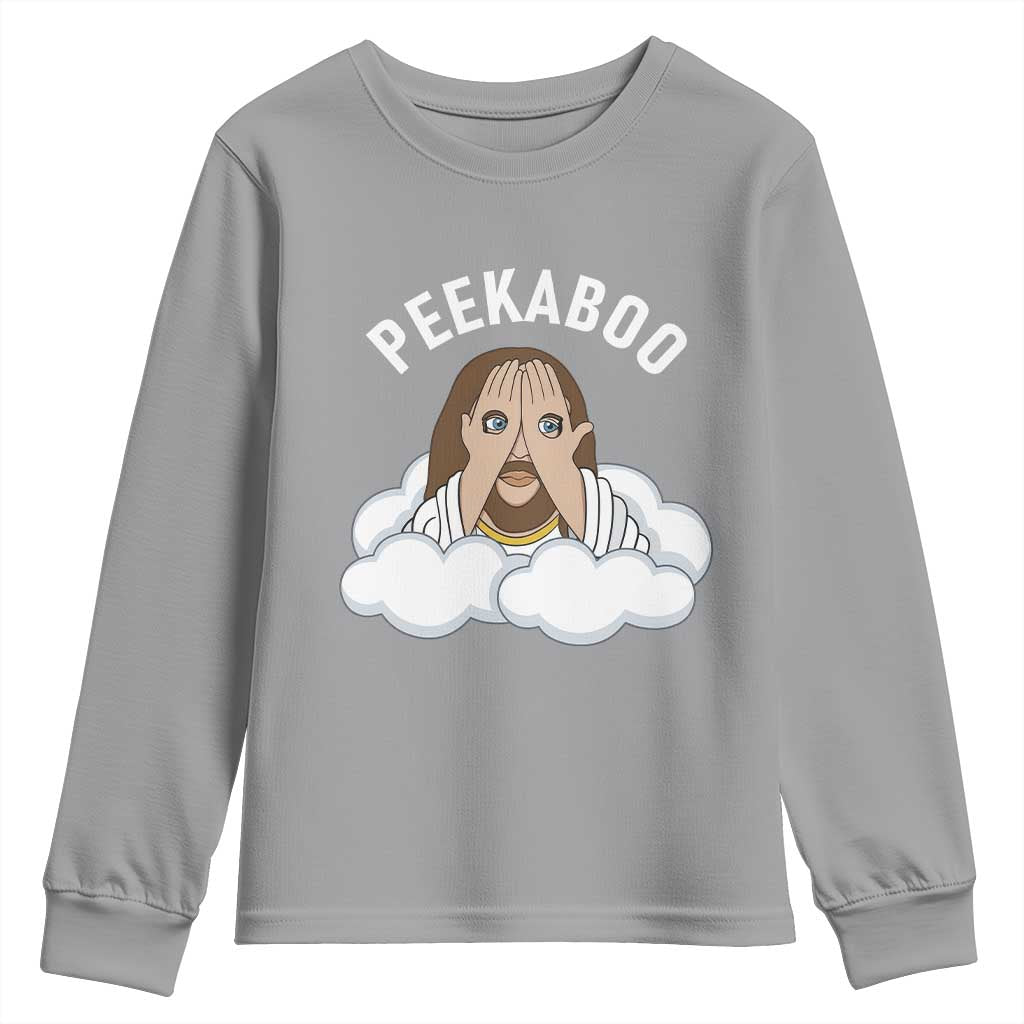 Peekaboo Jesus Funny Christian Youth Sweatshirt Faith Humor Savior in Clouds Religious Meme TS02 Sport Gray Print Your Wear