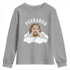 Peekaboo Jesus Funny Christian Youth Sweatshirt Faith Humor Savior in Clouds Religious Meme TS02 Sport Gray Print Your Wear