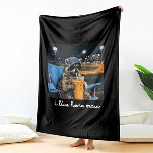 Funny Raccoon Baseball Game Day Meme Throw Blanket I Live Here Now Trash Panda Iced Coffee Night TS02 Print Your Wear