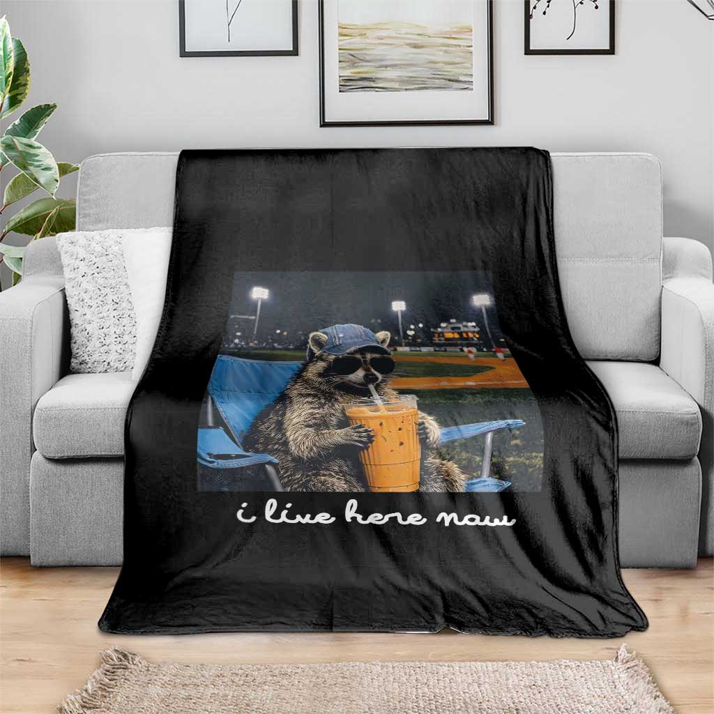 Funny Raccoon Baseball Game Day Meme Throw Blanket I Live Here Now Trash Panda Iced Coffee Night TS02 Print Your Wear