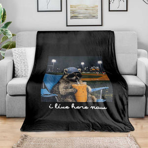 Funny Raccoon Baseball Game Day Meme Throw Blanket I Live Here Now Trash Panda Iced Coffee Night TS02 Print Your Wear
