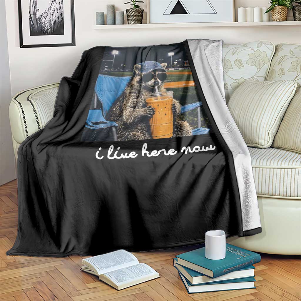 Funny Raccoon Baseball Game Day Meme Throw Blanket I Live Here Now Trash Panda Iced Coffee Night TS02 Print Your Wear
