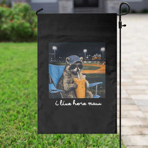 Funny Raccoon Baseball Game Day Meme Garden Flag I Live Here Now Trash Panda Iced Coffee Night TS02 Print Your Wear