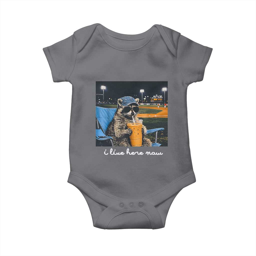 Funny Raccoon Baseball Game Day Meme Baby Onesie I Live Here Now Trash Panda Iced Coffee Night TS02 Charcoal Print Your Wear