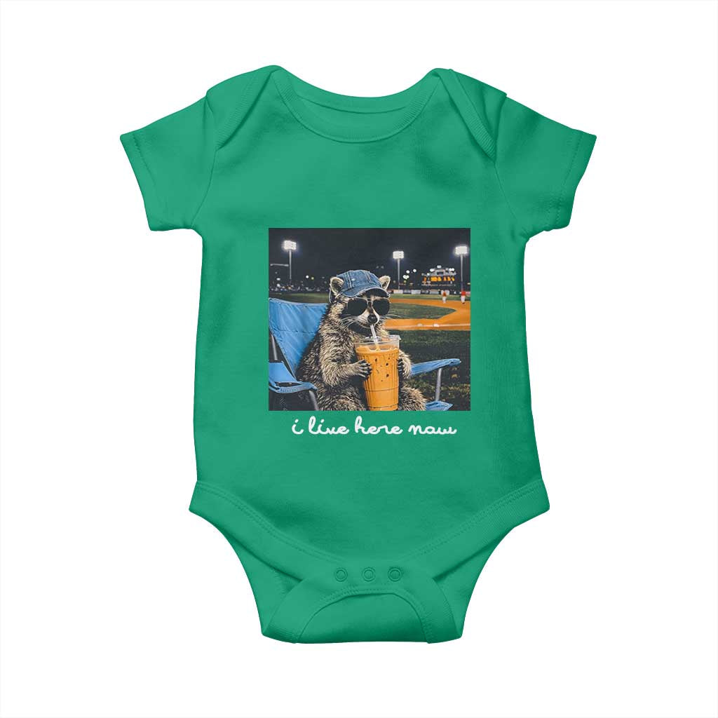 Funny Raccoon Baseball Game Day Meme Baby Onesie I Live Here Now Trash Panda Iced Coffee Night TS02 Irish Green Print Your Wear