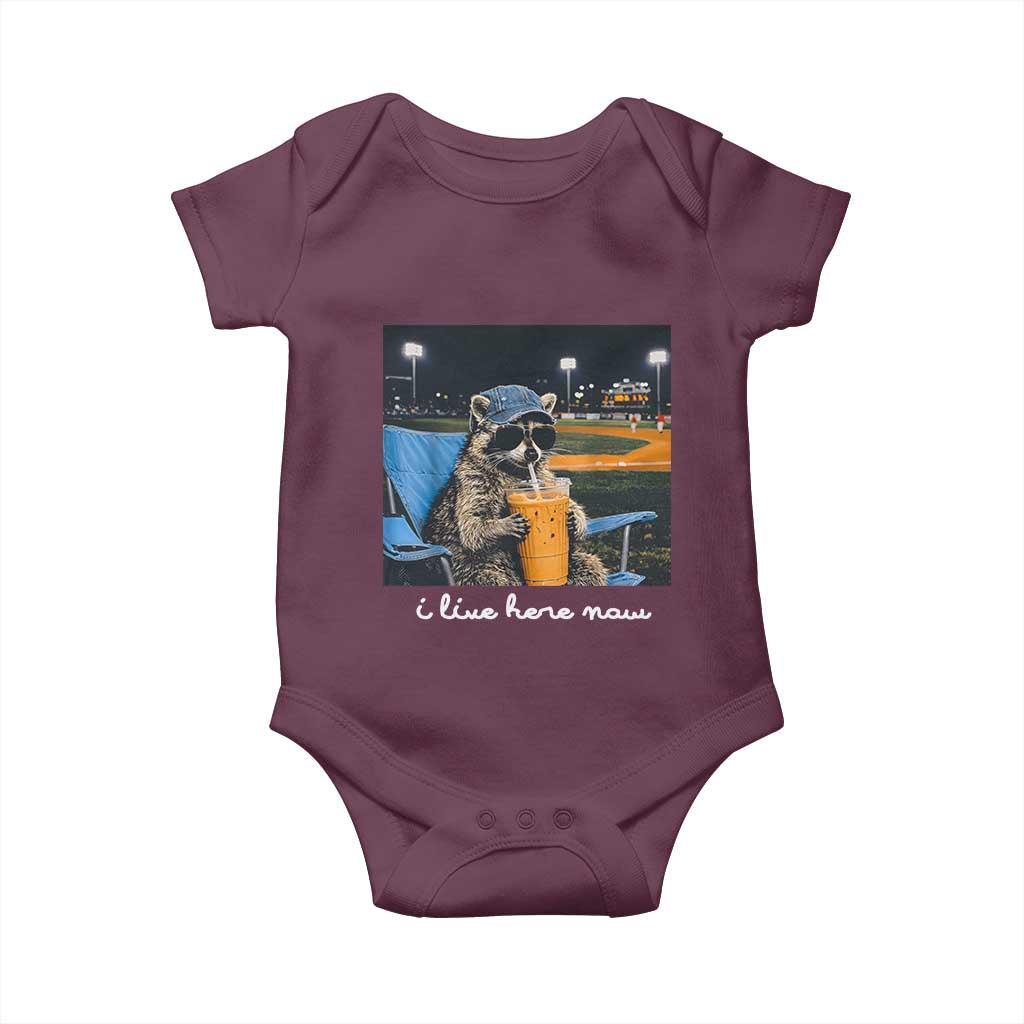 Funny Raccoon Baseball Game Day Meme Baby Onesie I Live Here Now Trash Panda Iced Coffee Night TS02 Maroon Print Your Wear