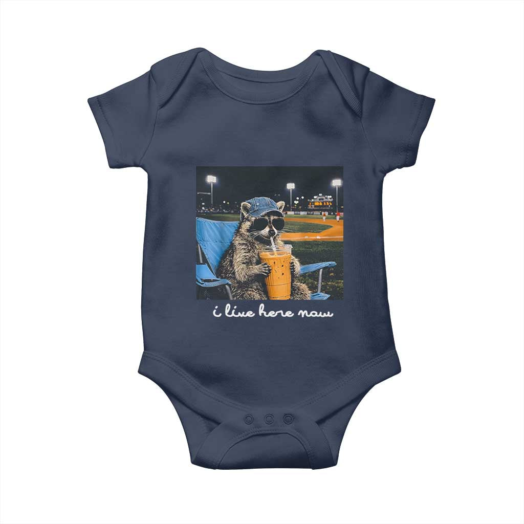 Funny Raccoon Baseball Game Day Meme Baby Onesie I Live Here Now Trash Panda Iced Coffee Night TS02 Navy Print Your Wear
